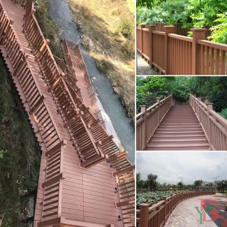 Heavy-duty composite decking and railing systems for commercial trail applications. Features durable construction with decorative railing patterns, suited for nature trails, elevated walkways, and outdoor recreational areas.