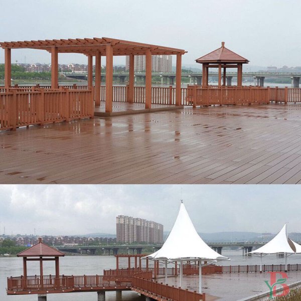 WPC Pergola waterfront installation in public park with seating