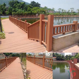 Wood-plastic composite railing system in warm brown tones, featuring traditional baluster design. Demonstrates excellent weathering resistance and aesthetic appeal for waterfront applications and outdoor living spaces.