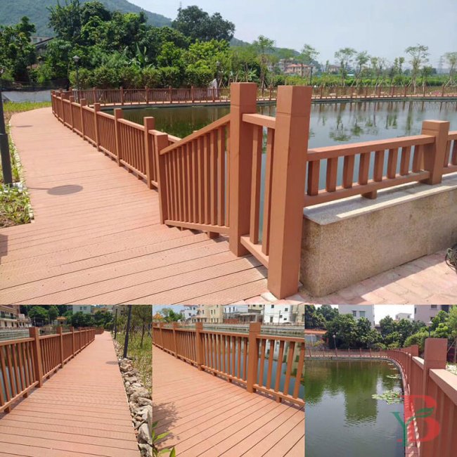 Wood-plastic composite railing system in warm brown tones, featuring traditional baluster design. Demonstrates excellent weathering resistance and aesthetic appeal for waterfront applications and outdoor living spaces.