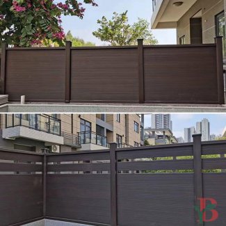 High-quality composite privacy fence showcasing solid panel designs in rich brown and grey finishes. Features sleek, modern styling with seamless panel construction and hidden fastening systems. Available in both full-privacy and semi-privacy configurations with decorative accents, ideal for residential and urban applications.