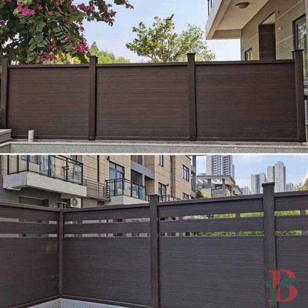 High-quality composite privacy fence showcasing solid panel designs in rich brown and grey finishes. Features sleek, modern styling with seamless panel construction and hidden fastening systems. Available in both full-privacy and semi-privacy configurations with decorative accents, ideal for residential and urban applications.