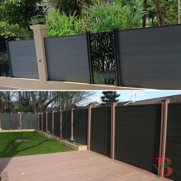 Modern grey composite fencing system featuring horizontal panels and decorative insert options. Combines durability with contemporary design, offering clean lines and artistic elements. Perfect for upscale residential properties seeking both privacy and aesthetic appeal.