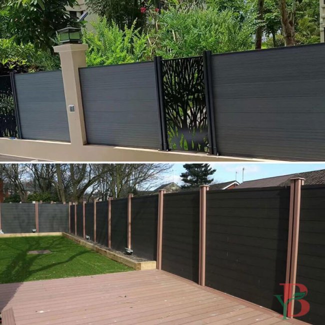 Modern grey composite fencing system featuring horizontal panels and decorative insert options. Combines durability with contemporary design, offering clean lines and artistic elements. Perfect for upscale residential properties seeking both privacy and aesthetic appeal.