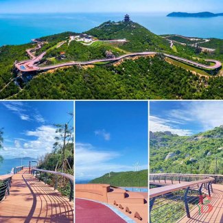 Multiple views of a coastal WPC boardwalk with mountain backdrop