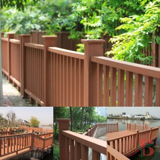 Premium composite railing solutions showcasing vertical baluster design in rich brown finish. Offers clean lines and sturdy construction, perfect for residential deck applications and outdoor living spaces.