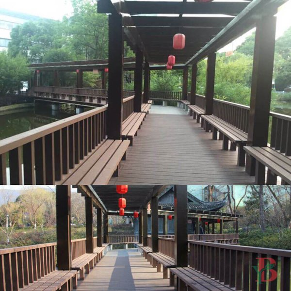 Garden walkway with covered WPC pergola and benches