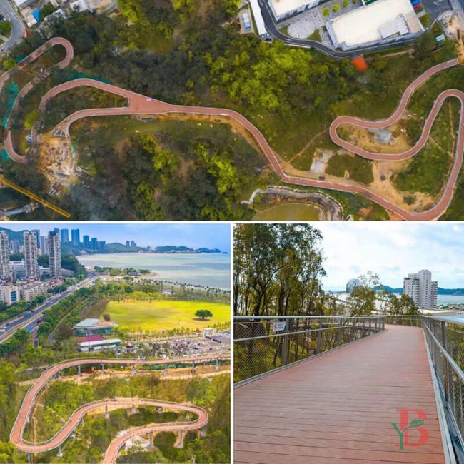 A curved WPC pathway through green landscape and urban areas, demonstrating long-distance walkway applications