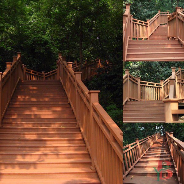 Multi-level composite railing and decking system showcasing versatile application in outdoor stairways. Combines safety features with aesthetic appeal for residential and commercial installations.