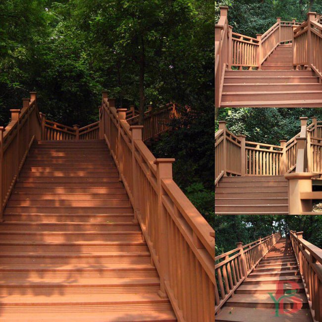 Multi-level composite railing and decking system showcasing versatile application in outdoor stairways. Combines safety features with aesthetic appeal for residential and commercial installations.