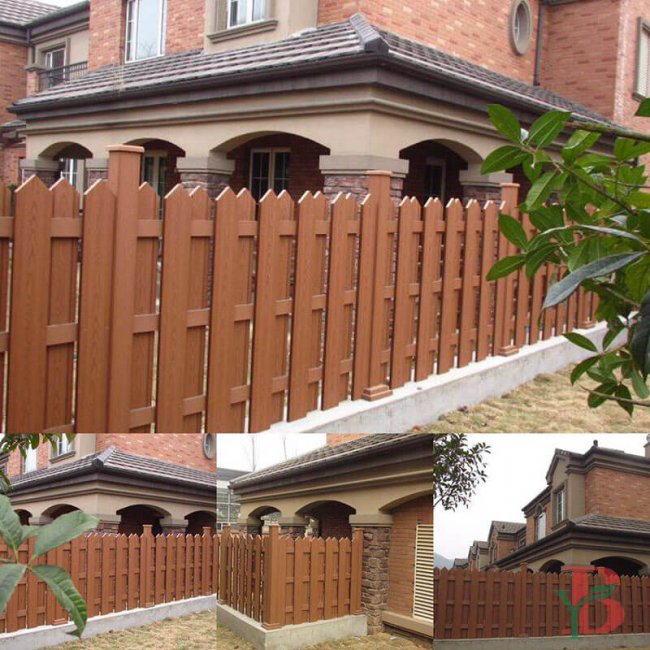 Traditional-style composite slatted fence in warm brown tones, featuring classic picket design with architectural detailing.