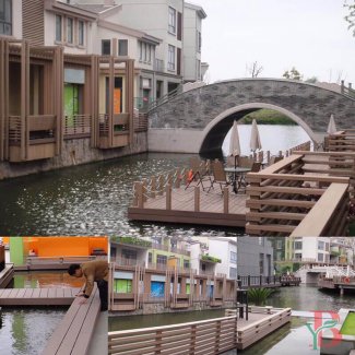 Urban waterfront composite decking and railing solution featuring modern design elements. Ideal for commercial spaces and waterside developments requiring durable, low-maintenance materials.