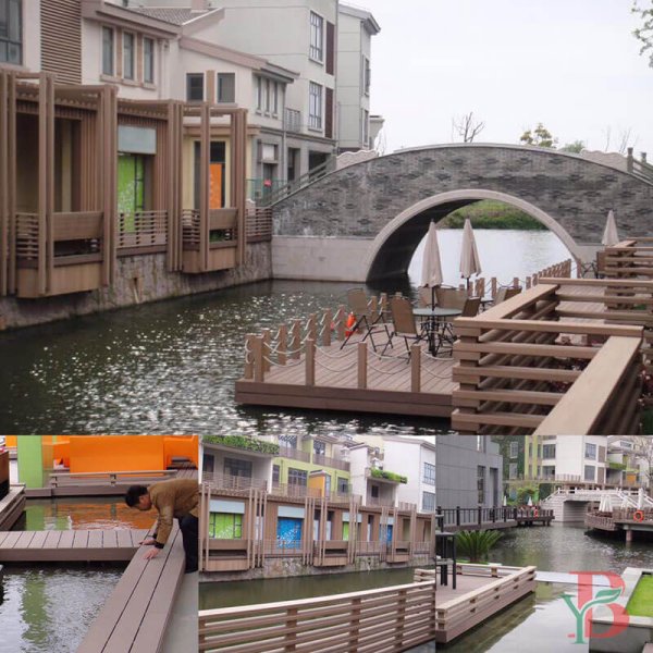 Urban waterfront composite decking and railing solution featuring modern design elements. Ideal for commercial spaces and waterside developments requiring durable, low-maintenance materials.