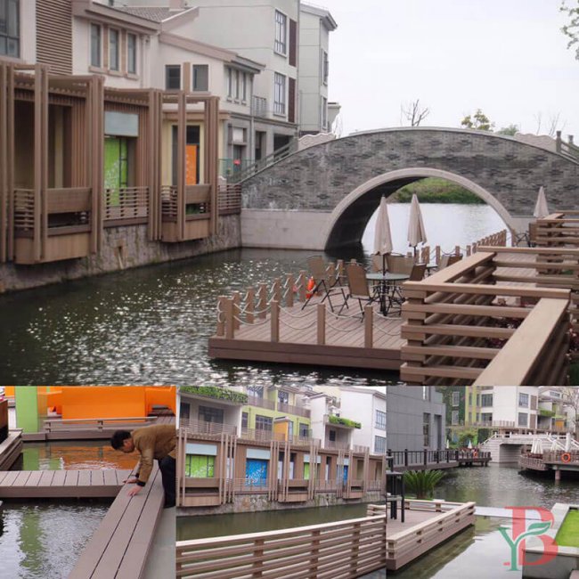 Urban waterfront composite decking and railing solution featuring modern design elements. Ideal for commercial spaces and waterside developments requiring durable, low-maintenance materials.