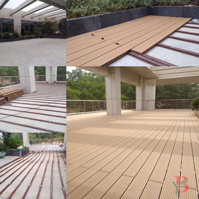 Coffee color classical WPC decking installation details showing various angles and patterns
