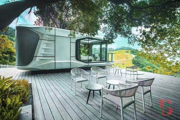 Residential patio with gray WPC decking and outdoor dining furniture
