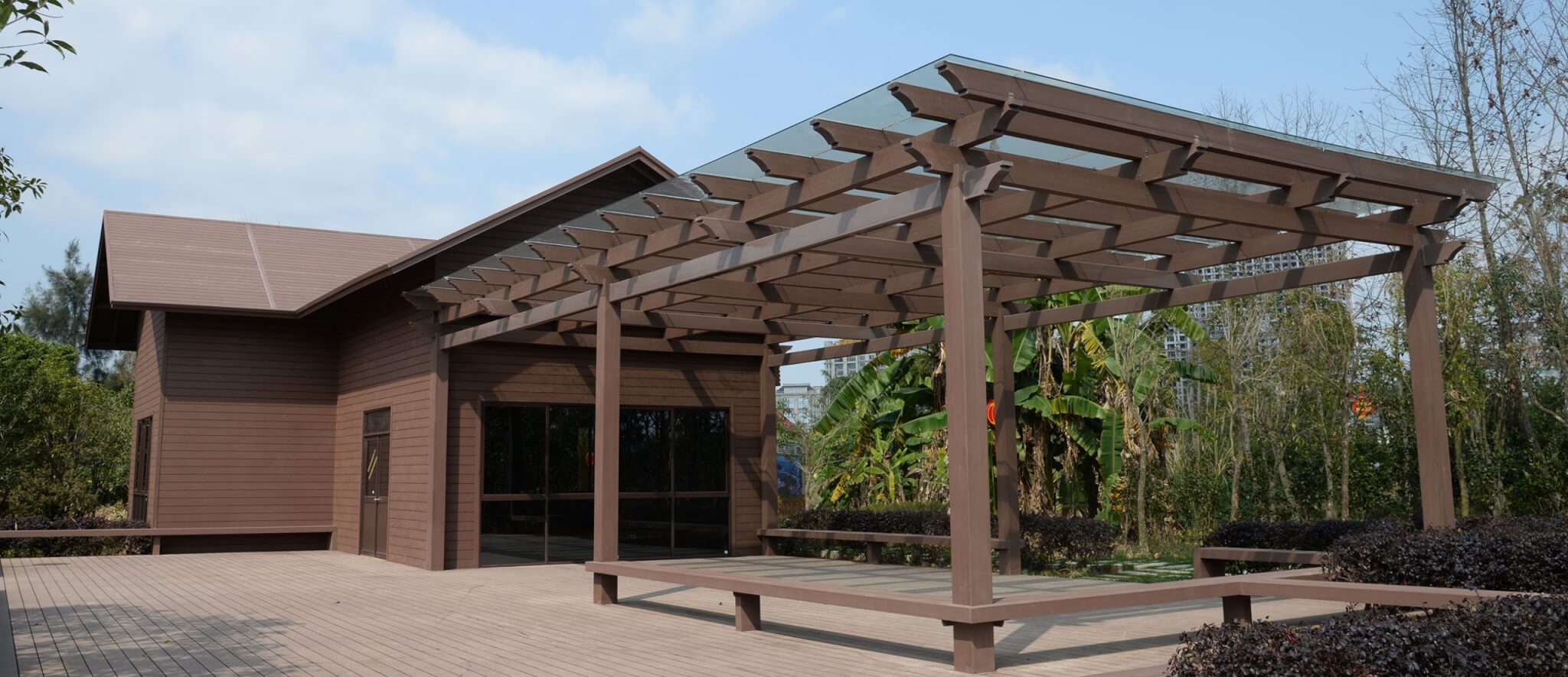 Modern brown WPC pergola installation