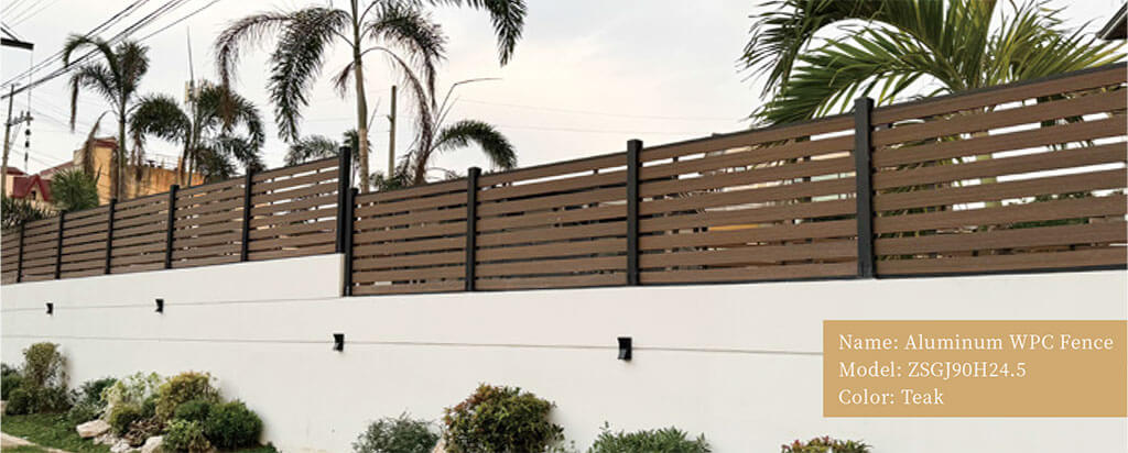 Modern Teak color WPC composite fence with horizontal slats and black aluminum posts for garden privacy