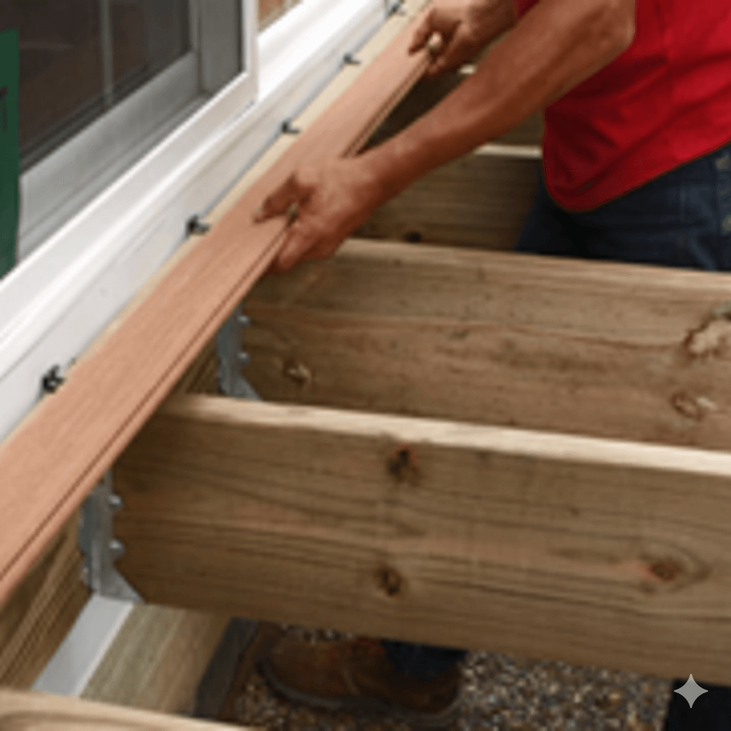 Composite decking installation, Push the first board into the clips and use hidden fasteners at every joist thereafter.