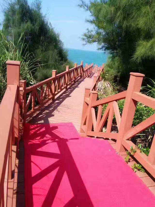 Aerial view of winding coastal boardwalk made of Bongywood capped composite decking overlooking the sea.