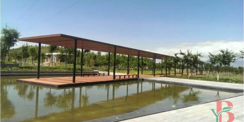 Modern minimalist WPC pergola with clean lines and geometric shapes for contemporary outdoor living