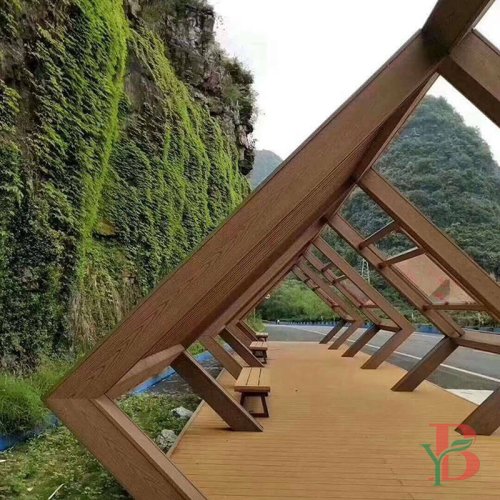 Innovative triangular-shaped WPC pergola structure along a scenic walkway.