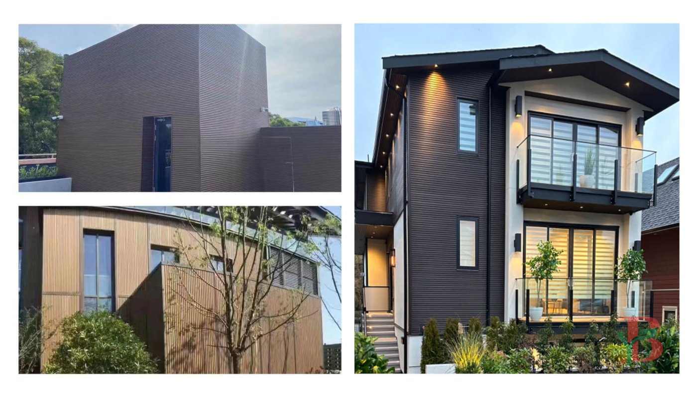 Luxury modern villa featuring charcoal grey WPC fluted exterior wall cladding with horizontal slatted texture.