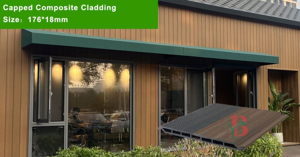 Modern building exterior featuring brown wood grain capped composite cladding (size 176*18mm), showcasing a realistic co-extrusion WPC siding installation example.