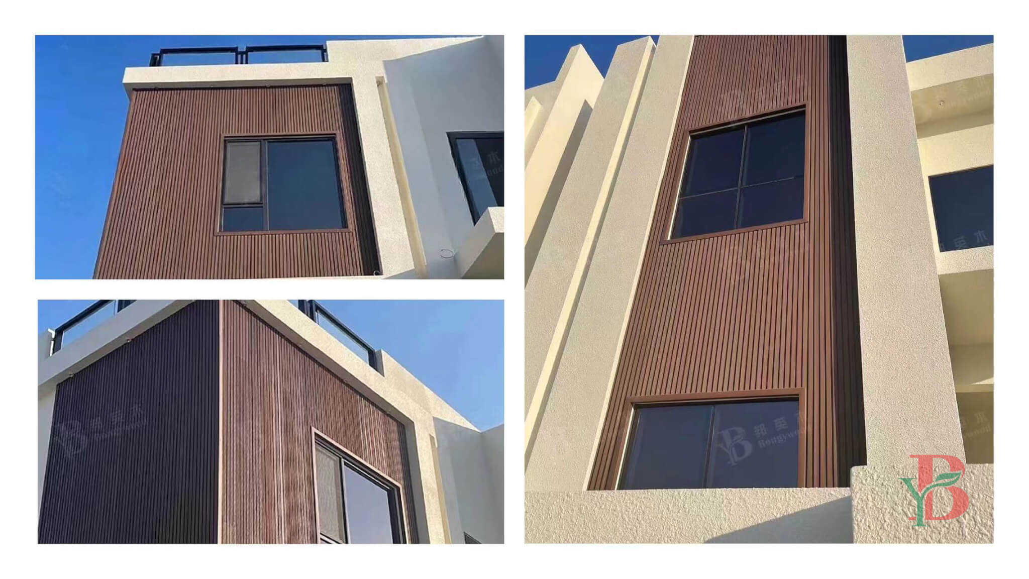 Modern building exterior featuring vertical redwood WPC fluted panels as decorative wall accents.
