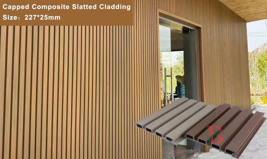 Modern exterior wall featuring teak color capped composite slatted cladding with vertical lines next to a glass entrance door.