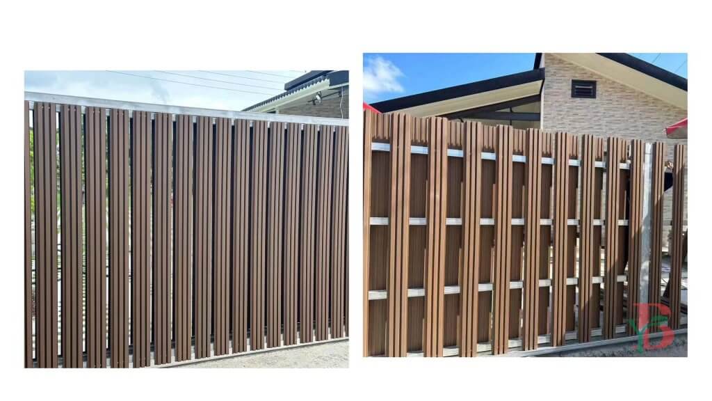 A full view of a modern fencing constructed from vertical dark brown WPC fluted panels.