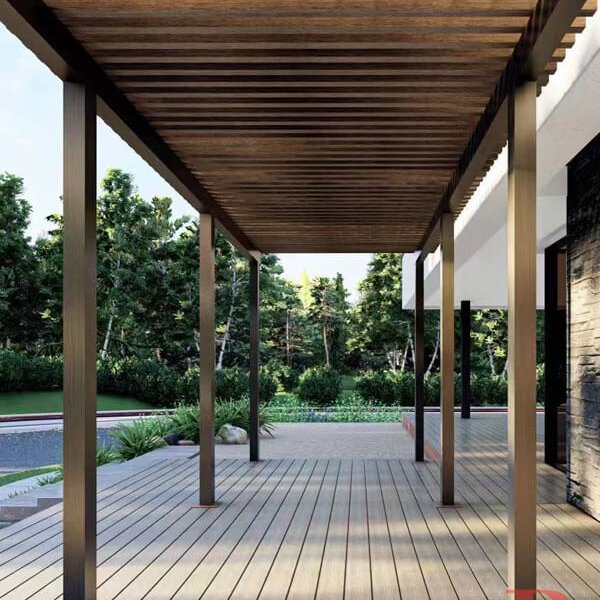 Modern outdoor patio with 3D embossed WPC decking under a wooden pergola, showcasing natural wood grain texture and durability for garden spaces