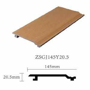 Teak color co-extrusion WPC wall panel (Item ZSGJ145Y20.5) with brushed surface, used for exterior eaves and ceiling cladding, size 145x20.5mm.