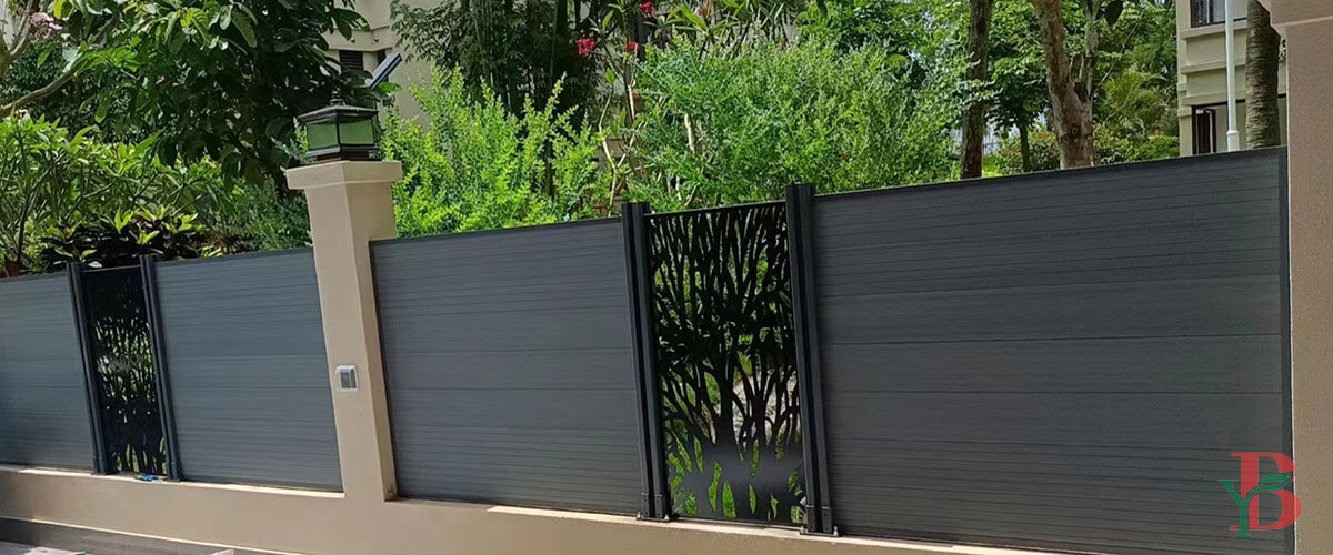 Dark Grey WPC panels with decorative inserts create a refined, architectural appearance.