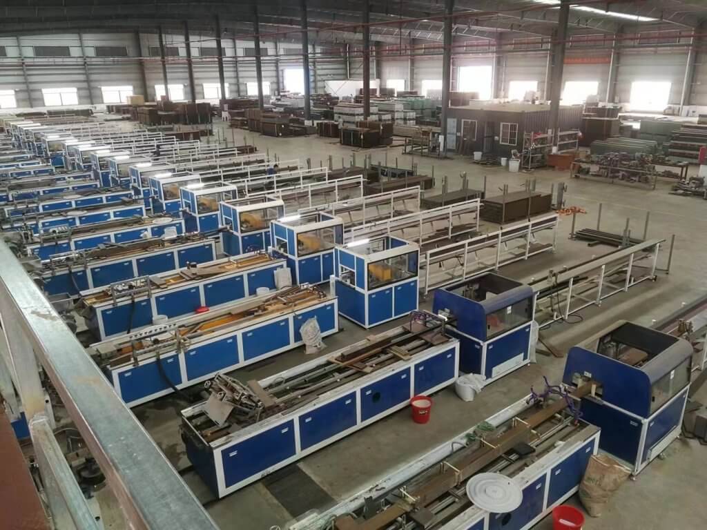 WPC decking production lines in Bongywood factory1 Advanced WPC production lines inside factory showcasing technical innovation and manufacturing capability