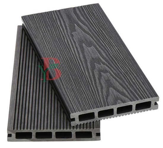 Dark Gray Rich Oak 3D Embossed WPC decking board showing hollow core profile and wood grain texture